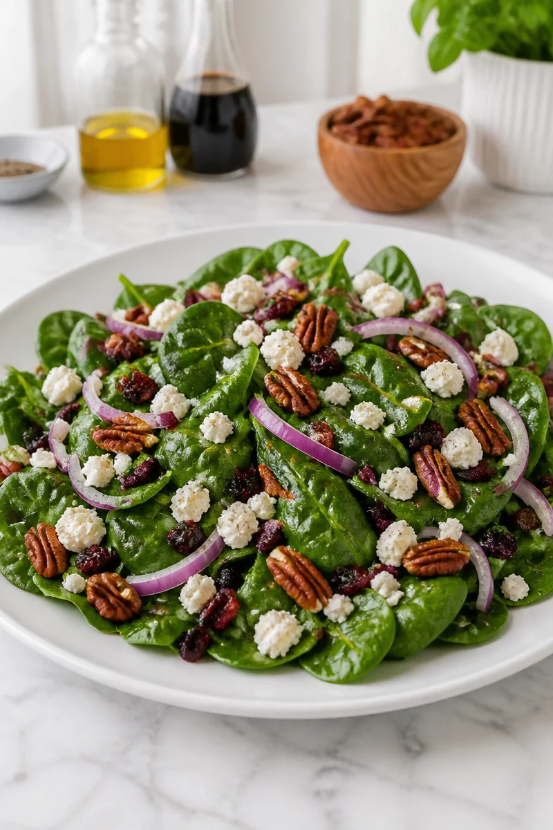Healthy cranberry pecan spinach salad with bright fall colors and ingredients.