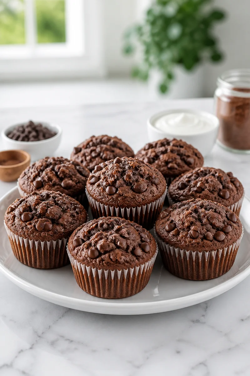 Healthy Greek Yogurt Double Chocolate Chip Muffins fresh out of the oven
