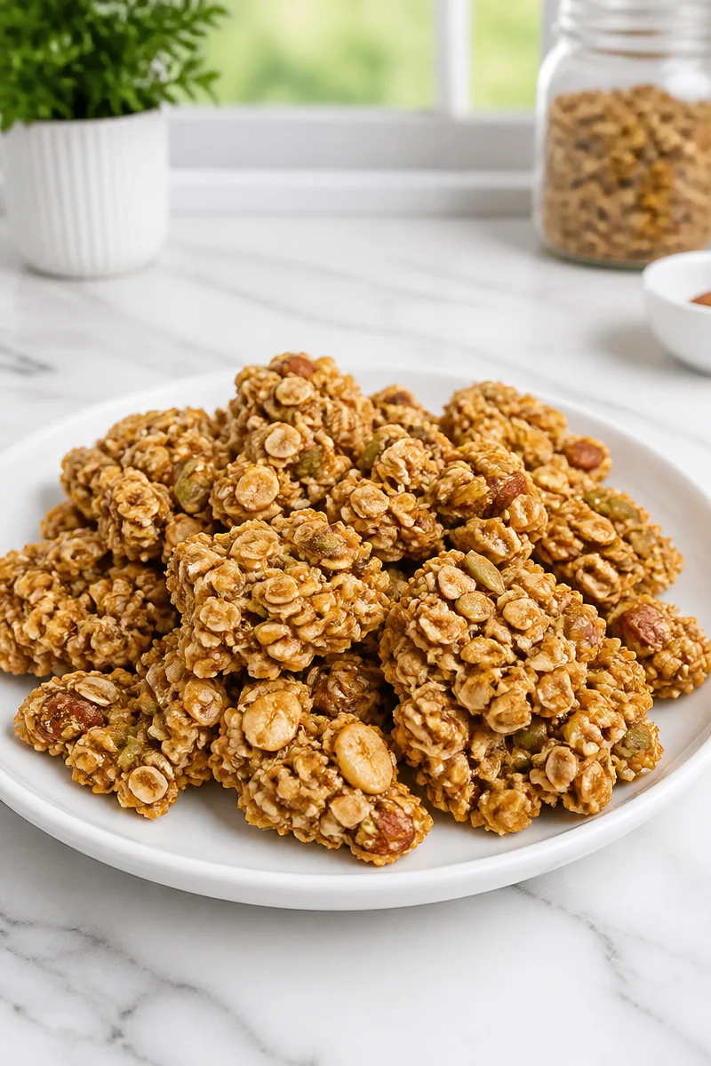 Bowl of healthy homemade peanut butter crunch cereal with toppings