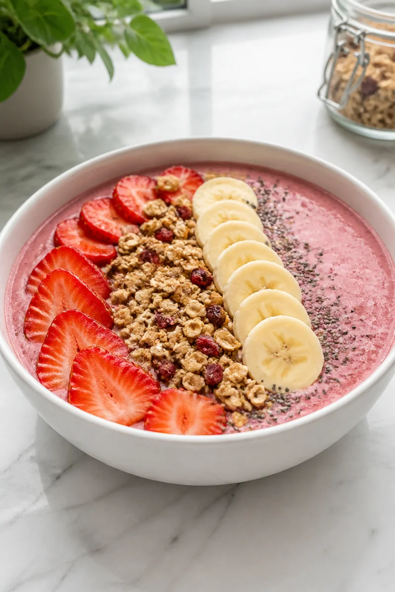 Healthy strawberry banana chia smoothie bowl topped with fresh fruits and seeds