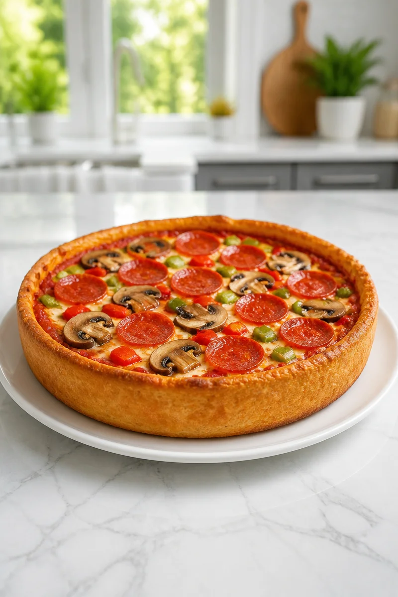 Homemade deep dish Chicago style skillet pizza with toppings and cheese