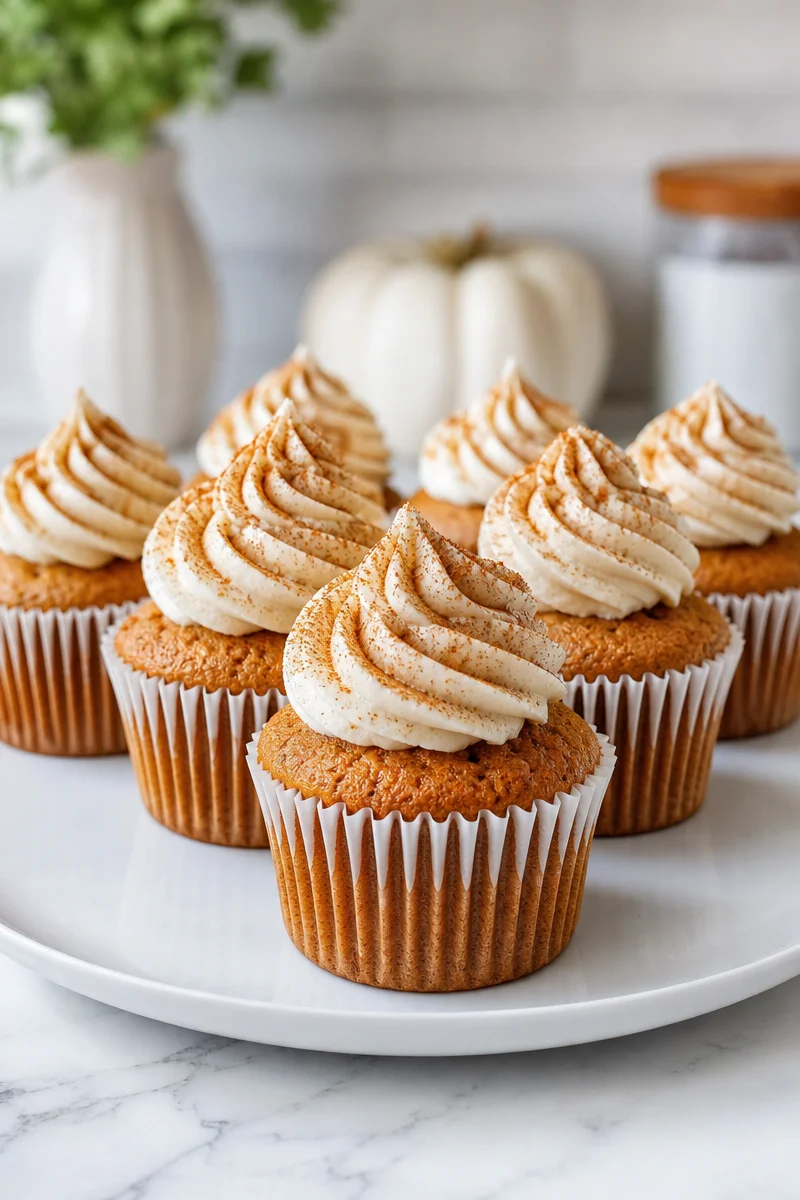 Homemade pumpkin spice cupcake topped with creamy frosting and a sprinkle of cinnamon