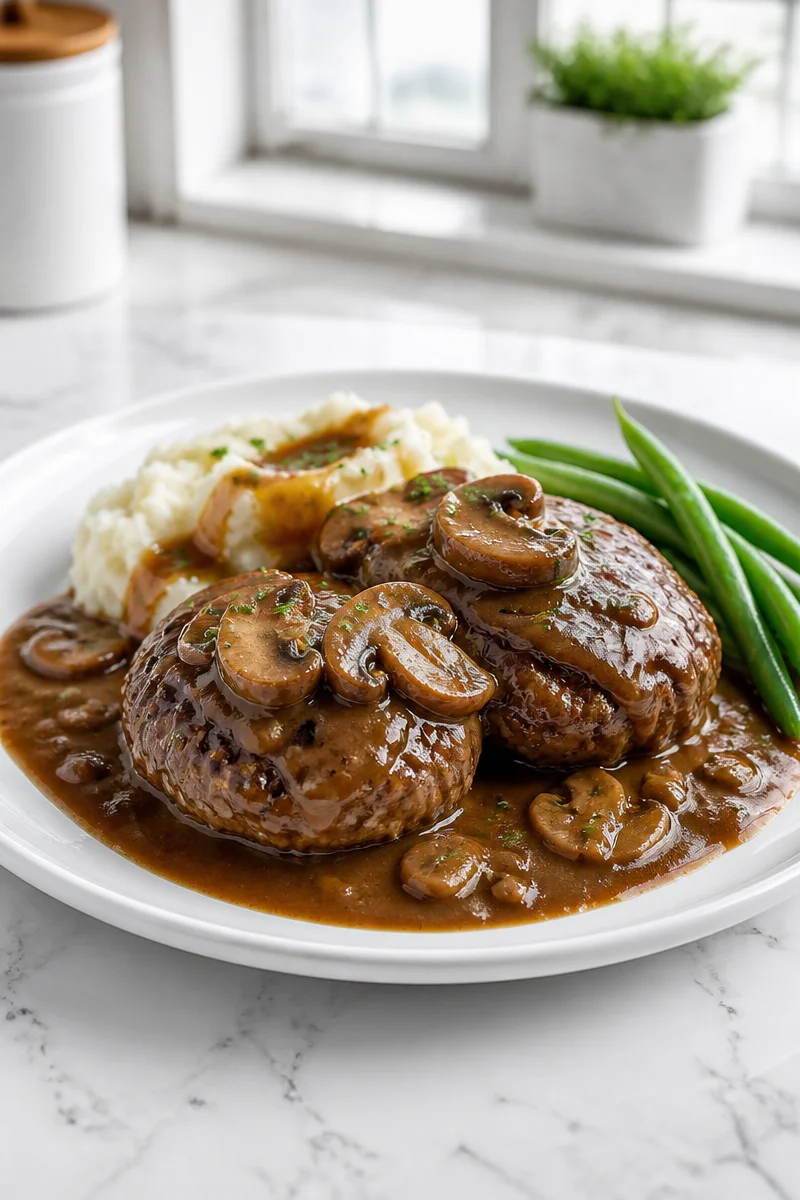 Homestyle Salisbury steak with rich mushroom gravy on a plate