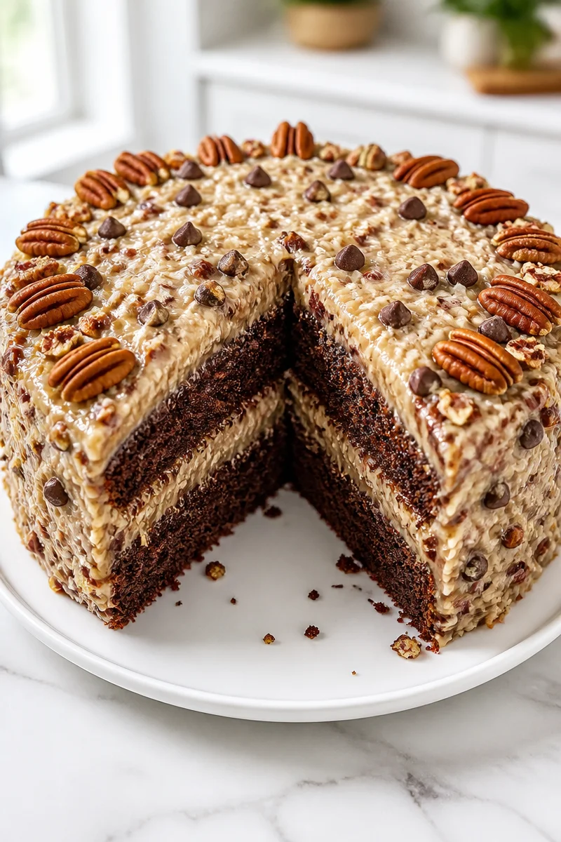 Keto friendly low carb German chocolate cake slice on a plate