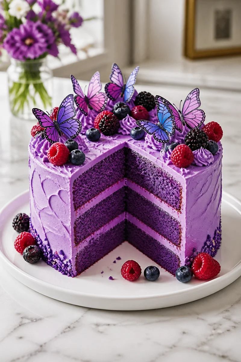 Magical purple butterfly cake inspired by an enchanted forest theme