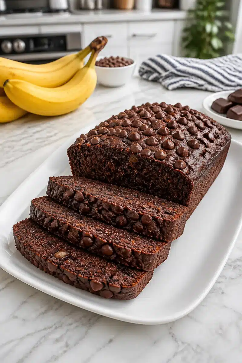 Moist double chocolate chip banana bread sliced on a wooden board