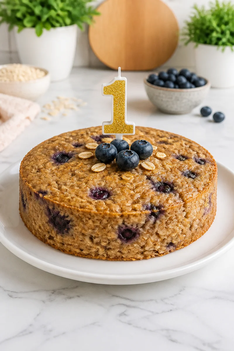 Natural blueberry and oat cake for baby's first birthday smash cake