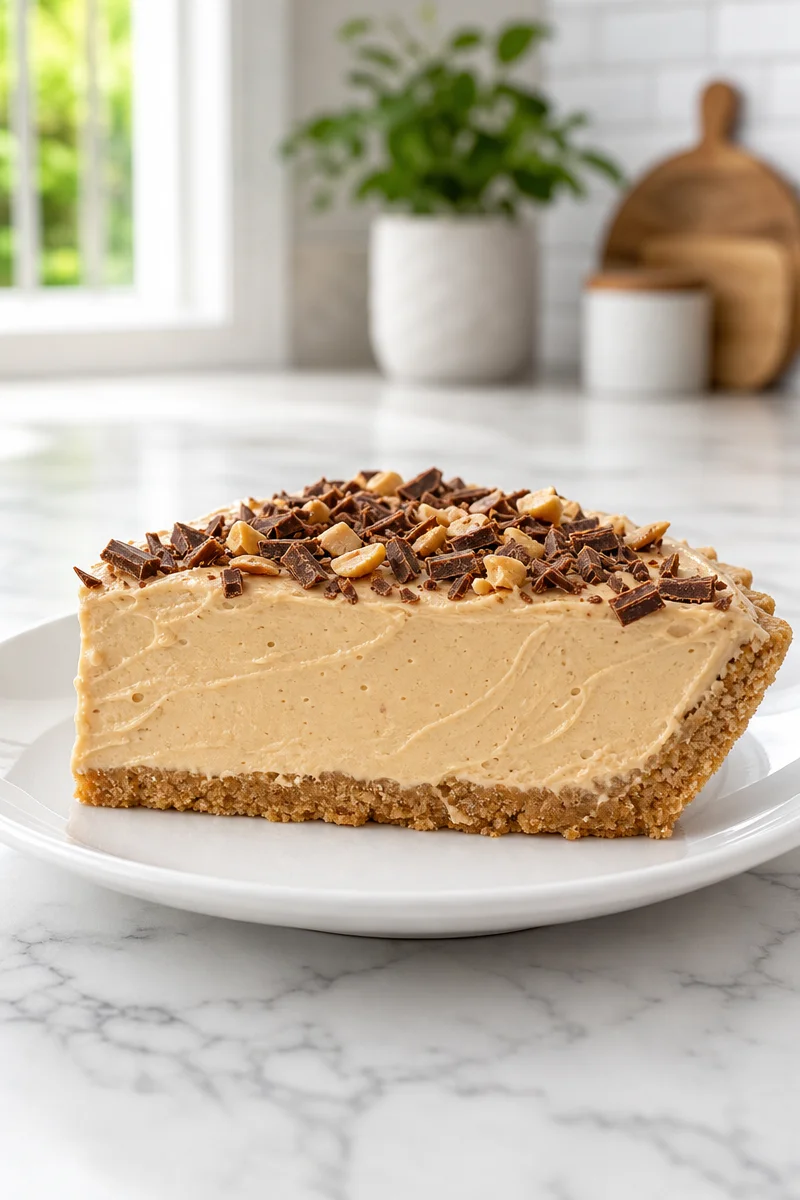 Delicious no-bake peanut butter pie slice topped with whipped cream