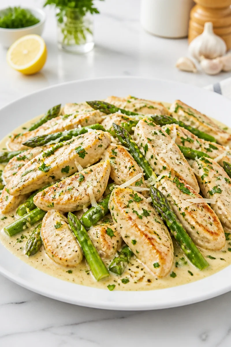 One-Pot Creamy Lemon Chicken with Asparagus in a skillet.