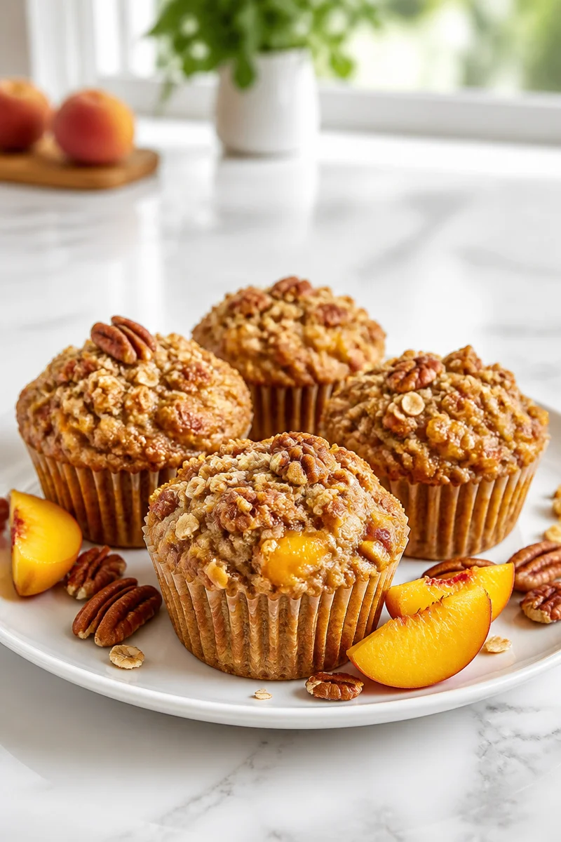 Delicious Peach Pecan Streusel Muffin on a plate
