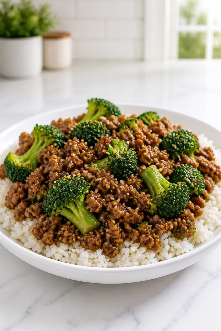 Quick Teriyaki Ground Turkey and Broccoli Bowl served in a dish