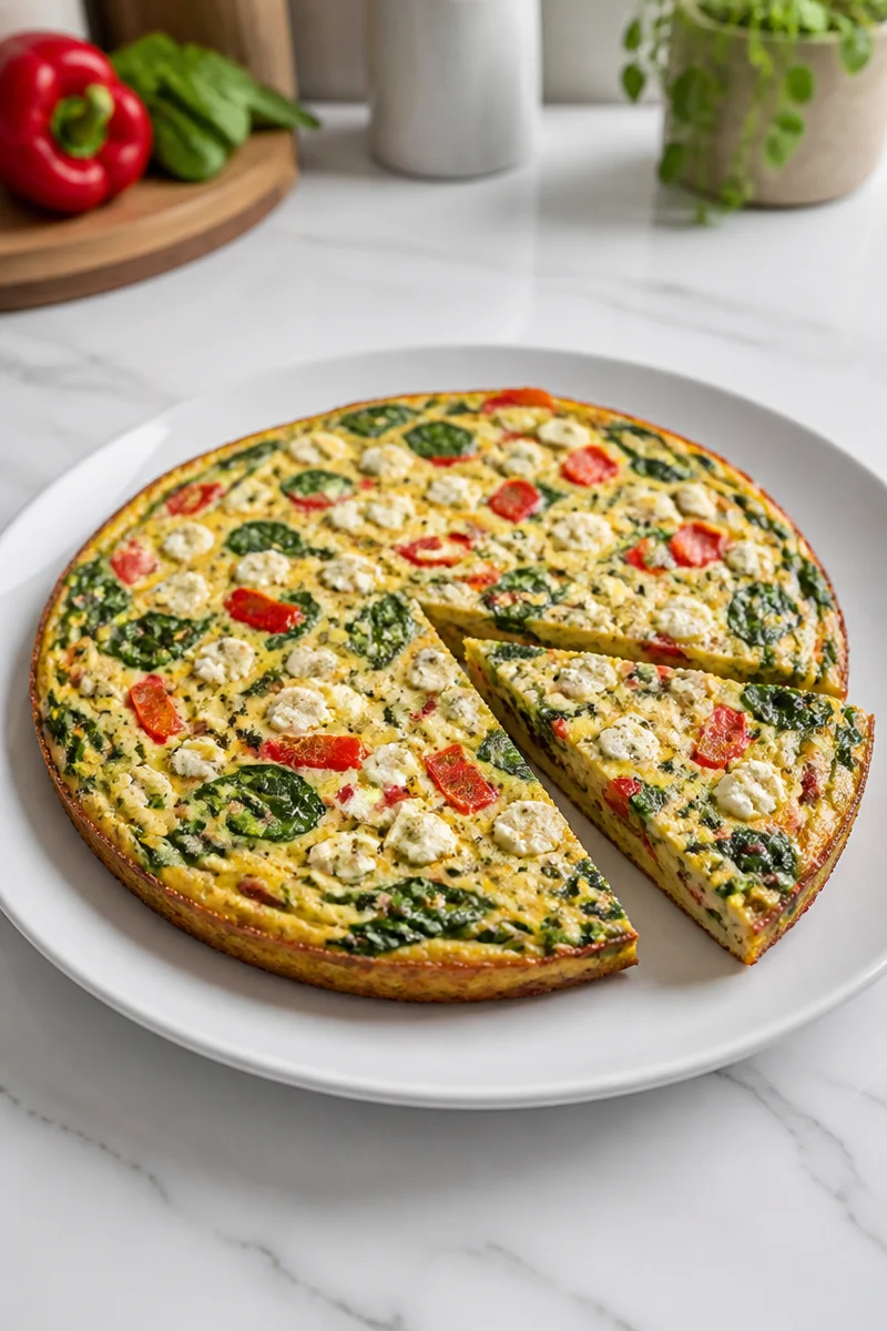 Roasted red pepper and spinach egg frittata on a white plate