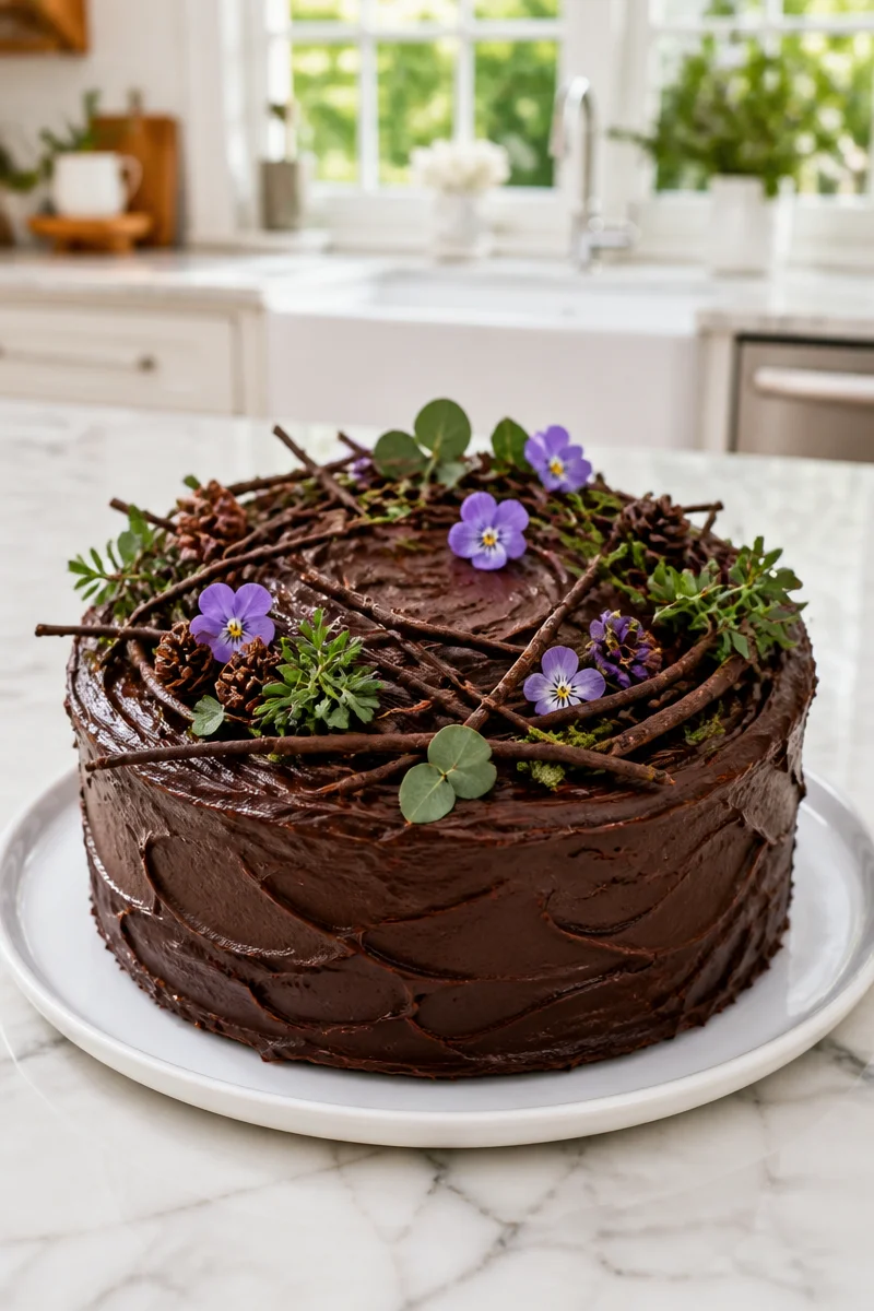 Rustic Woodland Themed Fudge Chocolate Cake Design showcasing rich layers and decorative elements.