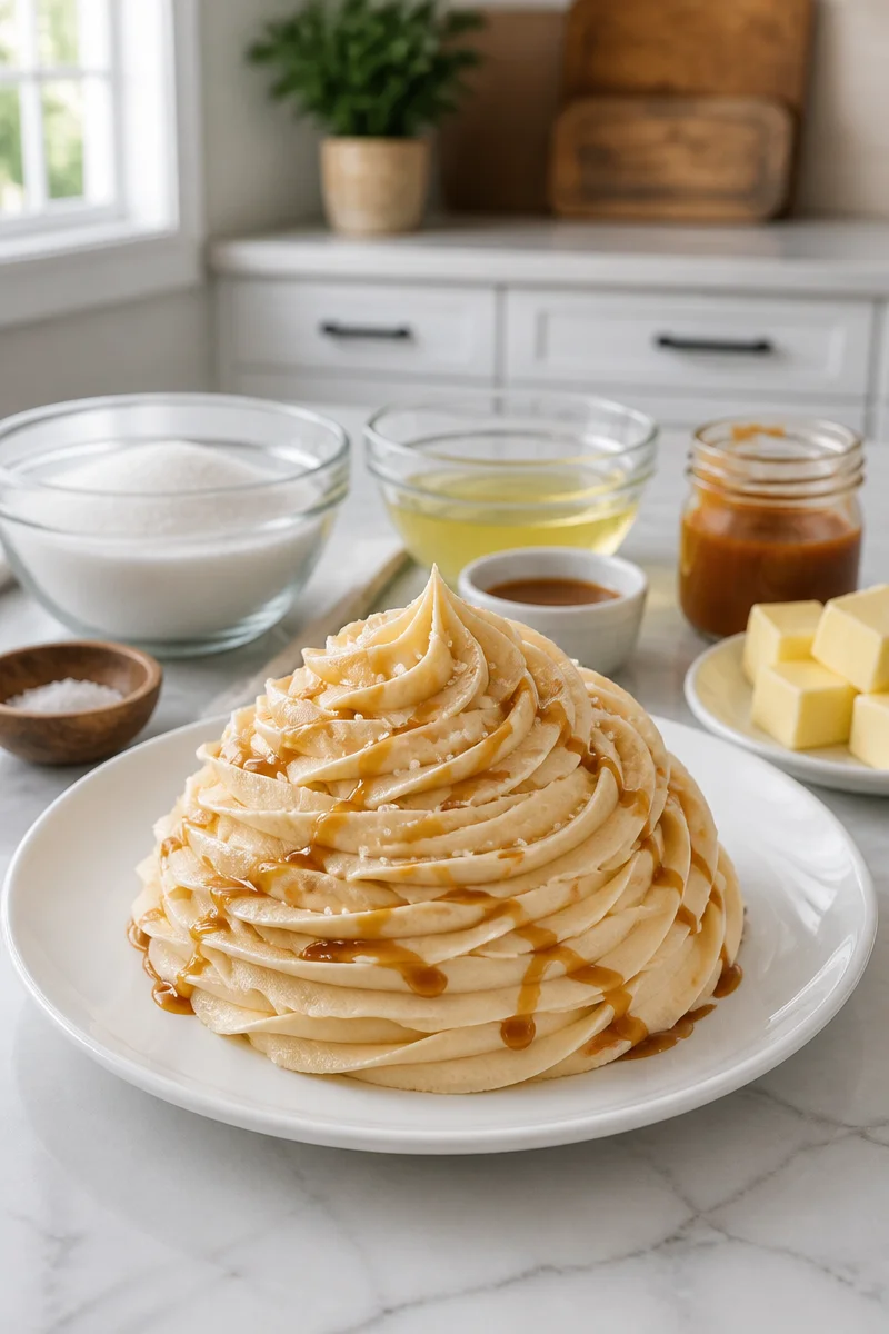 Silky Salted Caramel Swiss Meringue Buttercream Frosting on a cake
