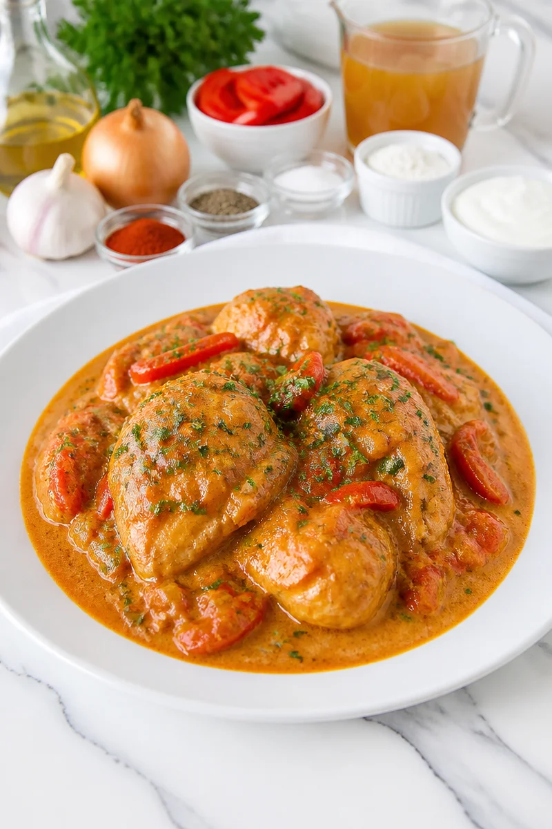 Delicious Slow Cooker Hungarian Chicken Paprikash served with pasta