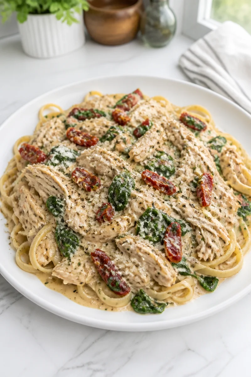 Slow Cooker Creamy Tuscan Chicken served on a plate with herbs