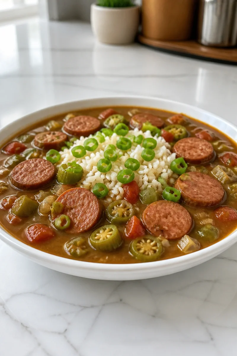 Smoky Turkey Sausage and Okra Gumbo in a bowl with spices and ingredients