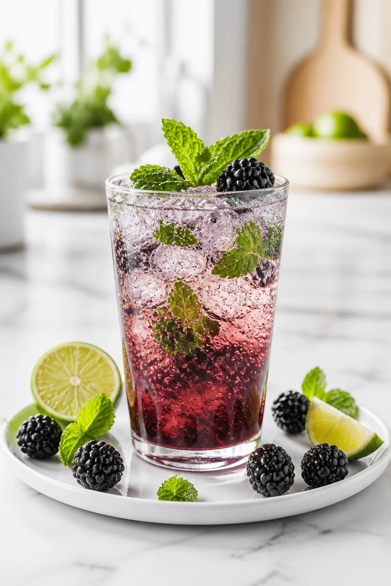 Sparkling Blackberry Mint Mocktail garnished with fresh mint leaves and blackberries
