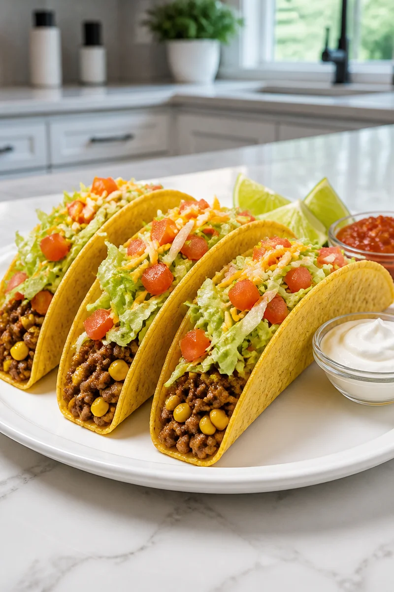 Spicy ground beef and corn taco dinner with fresh toppings