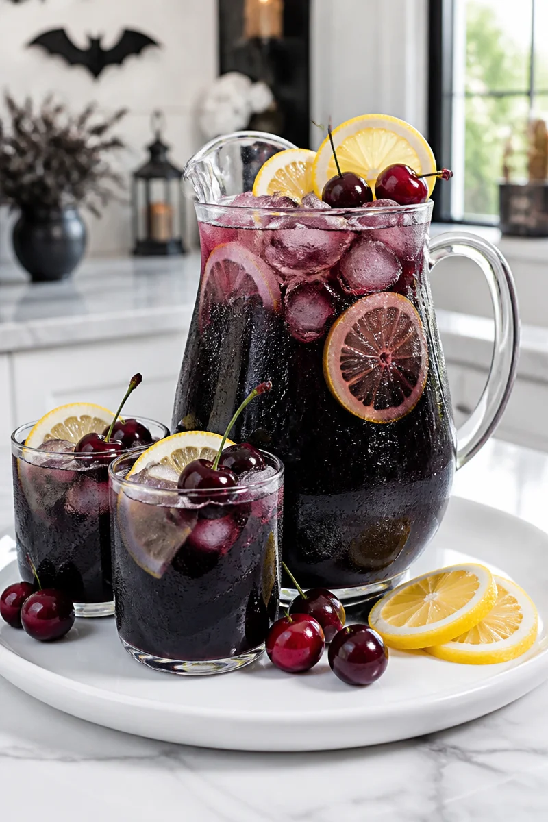 Spooky Black Magic Cherry Lemonade Halloween Mocktail in a glass with decorations