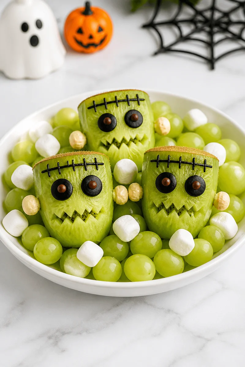 Halloween fruit bowl featuring a spooky Frankenstein design made with kiwi and grapes