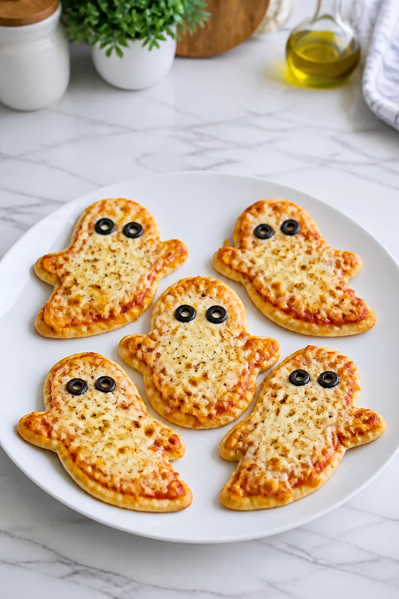 Spooky ghost shaped mozzarella Halloween pizza on a dark spooky background