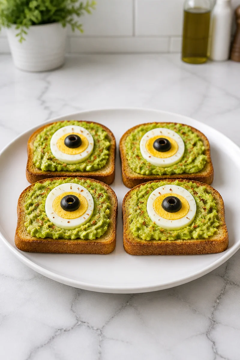 Spooky monster eye avocado toast for Halloween breakfast featuring edible eyeball garnish.