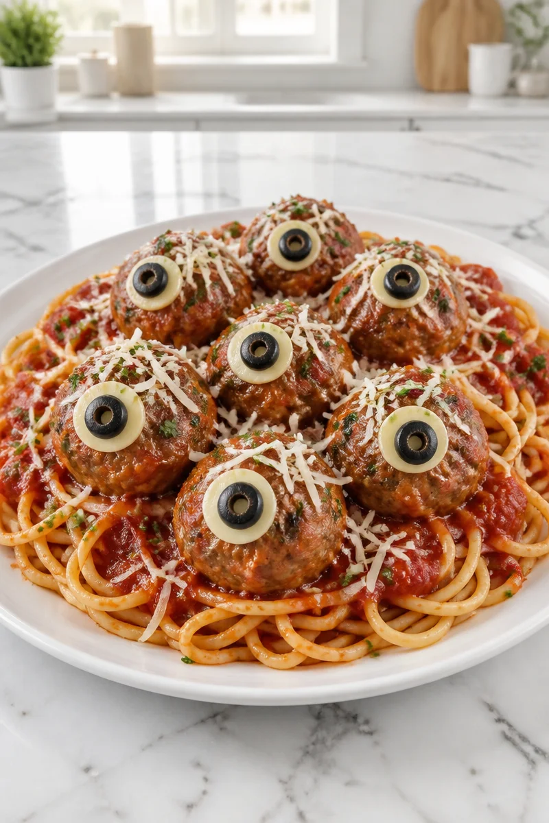 Spooky monster eye turkey meatball Halloween pasta dish