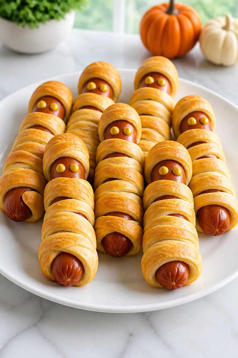 Spooky mummy wrapped turkey hot dog Halloween snack on a plate