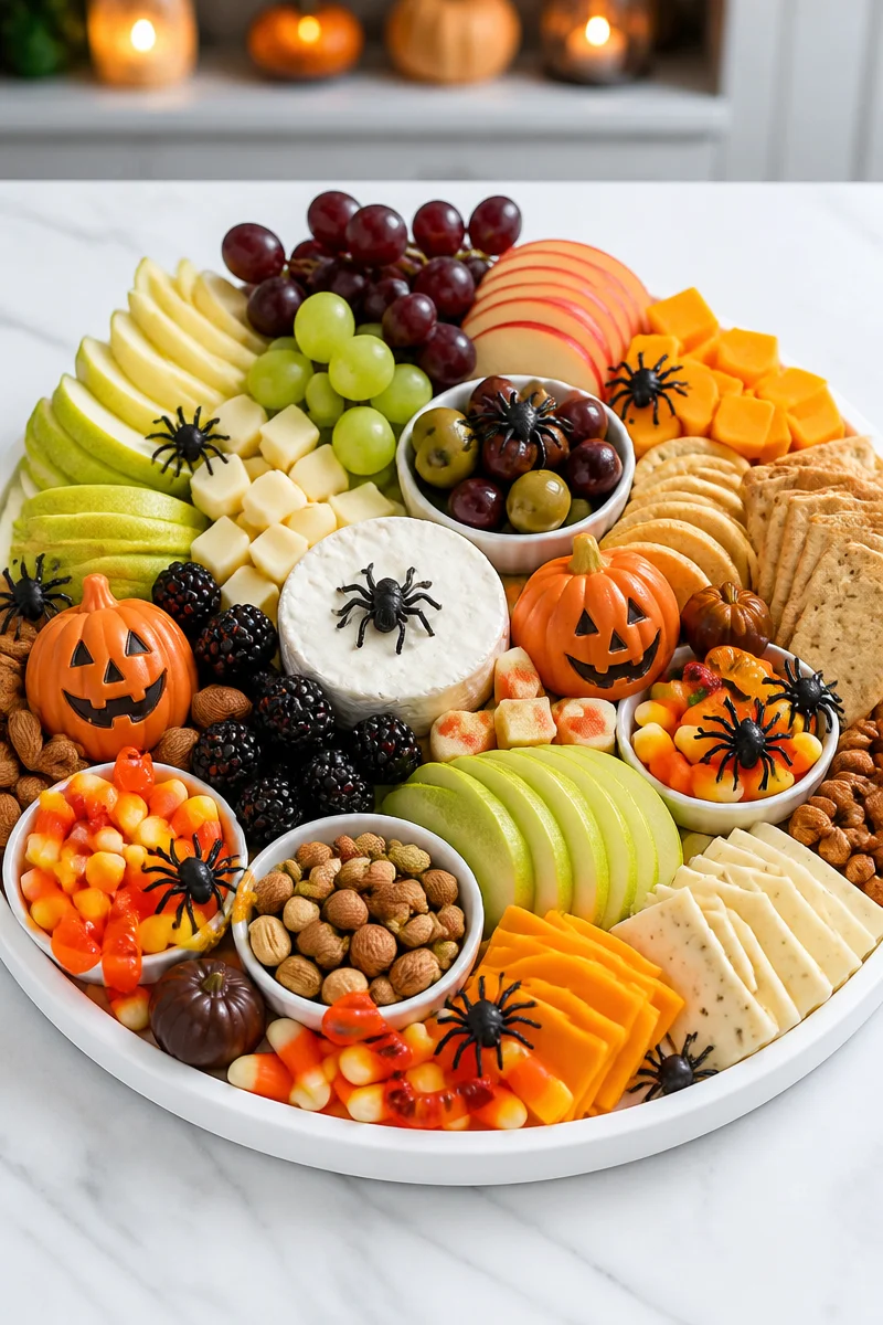 Sweet and salty spooky fruit Halloween charcuterie board with festive decorations