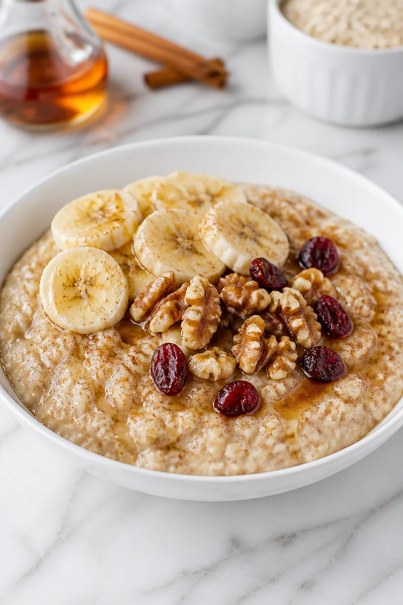 Warm maple cinnamon oatmeal bowl topped with fresh fruit and nuts