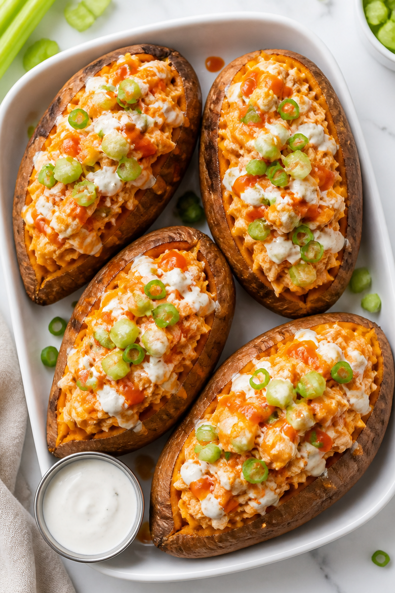 Buffalo Chicken Stuffed Sweet Potato Bowl