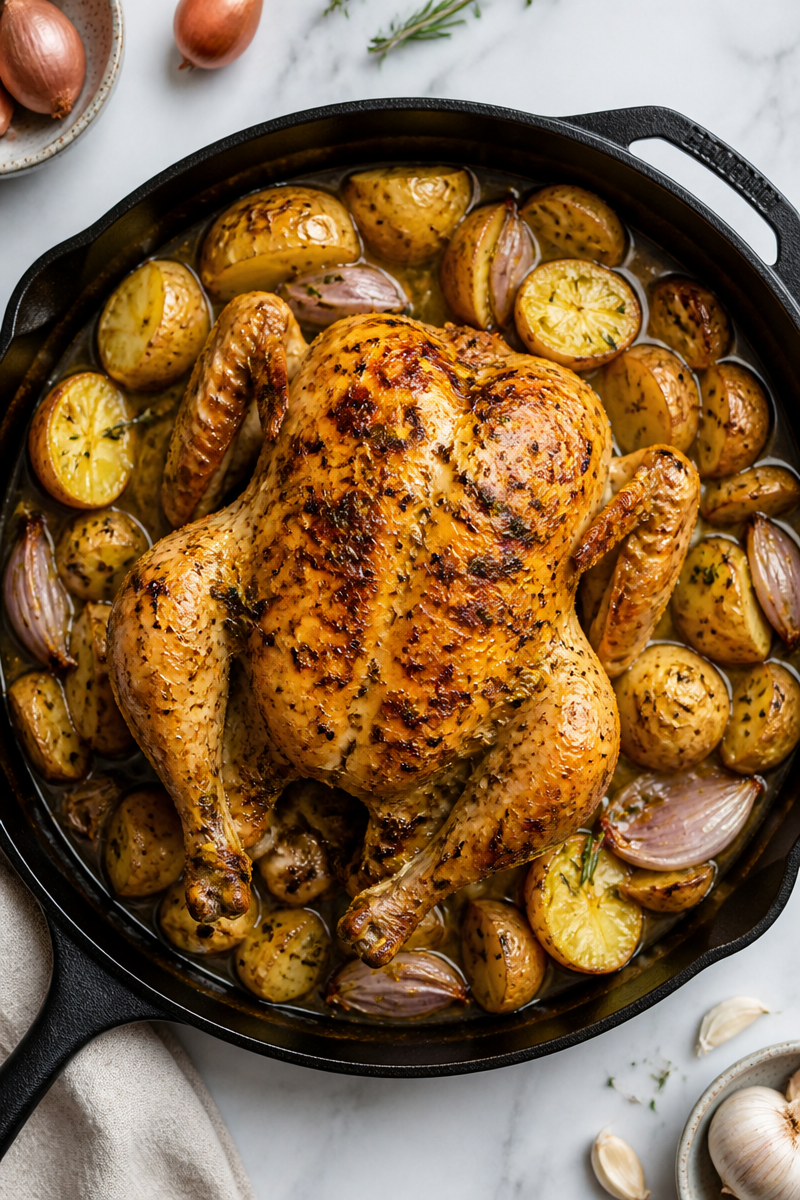 Cast Iron Roast Chicken Potato Shallot