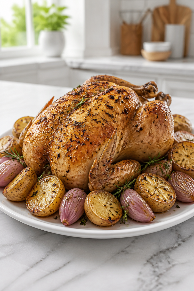 Cast Iron Roast Chicken Potato Shallot