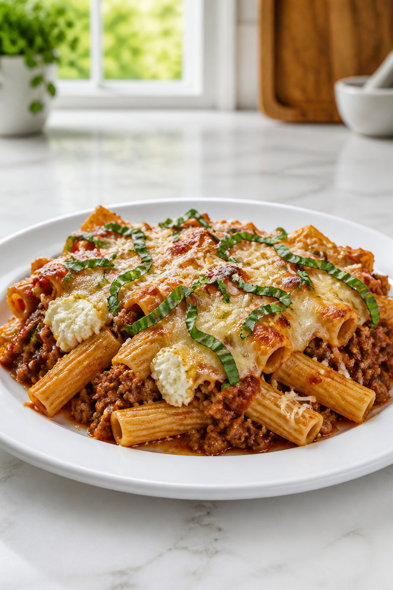 Cheesy Baked Rigatoni Bolognese Casserole