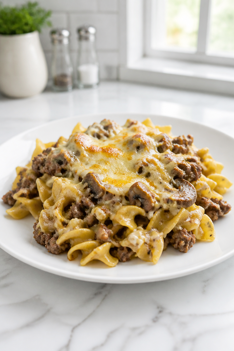 Cheesy Mushroom Swiss Burger Casserole Dinner Cheesy Mushroom Swiss Burger Casserole Dinner