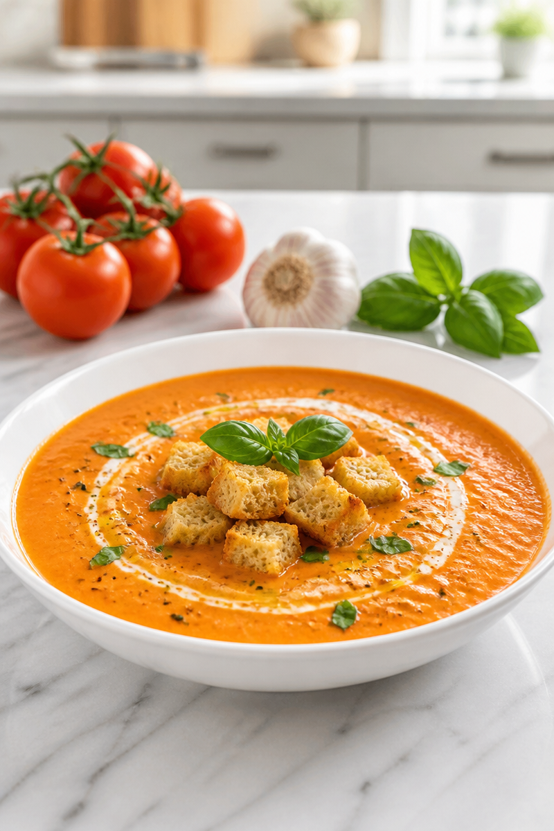 Creamy Roasted Garlic Tomato Basil Bisque