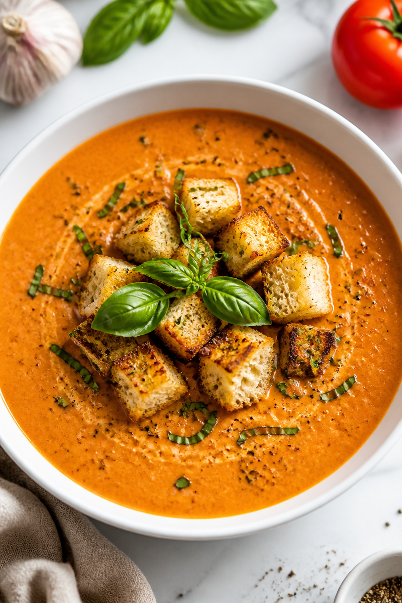 Creamy Roasted Garlic Tomato Basil Bisque