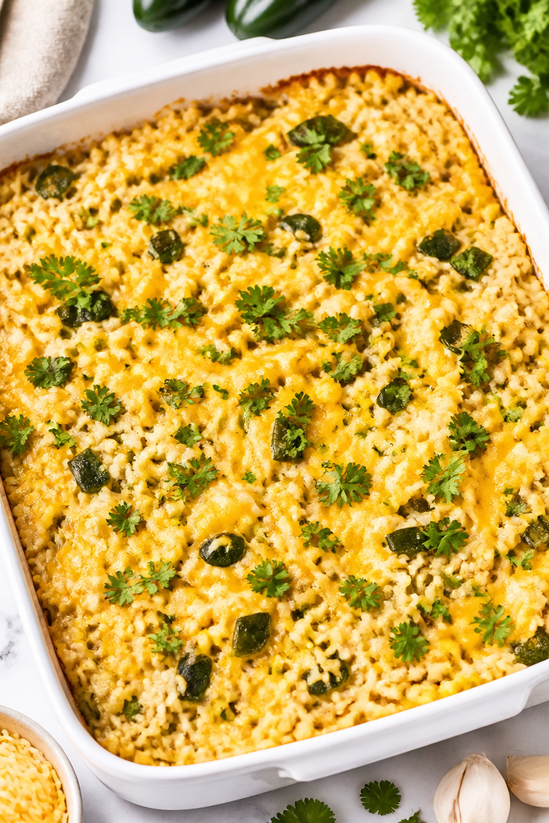 Creamy Roasted Poblano Rice Casserole