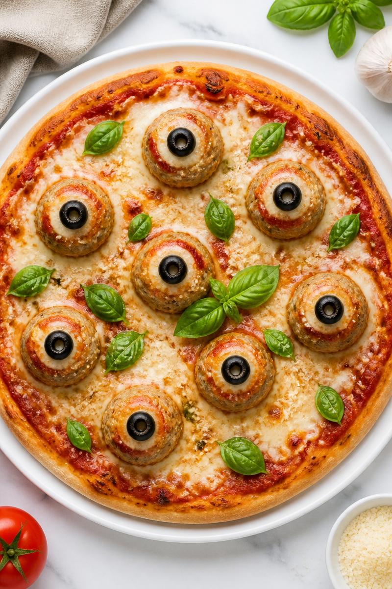 Creepy Eyeball Meatball Pizza Pie
