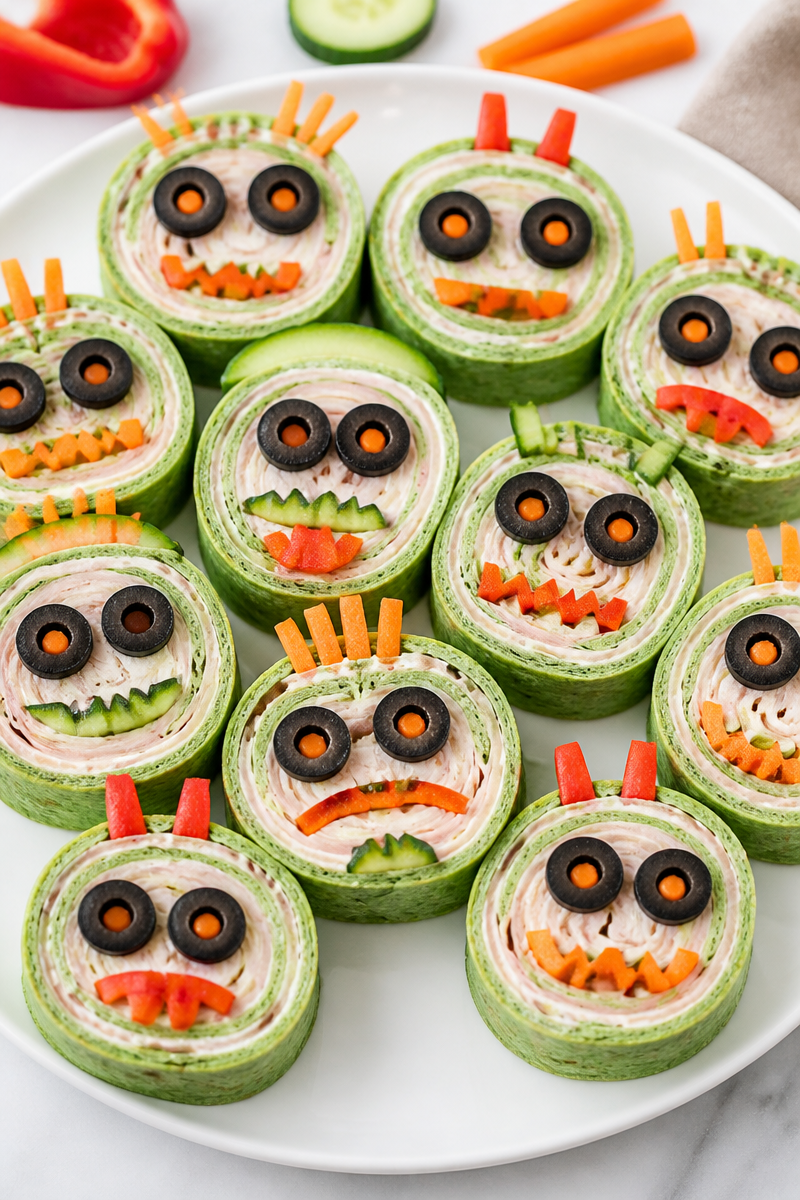 Halloween Monster Face Spinach Tortilla Pinwheel