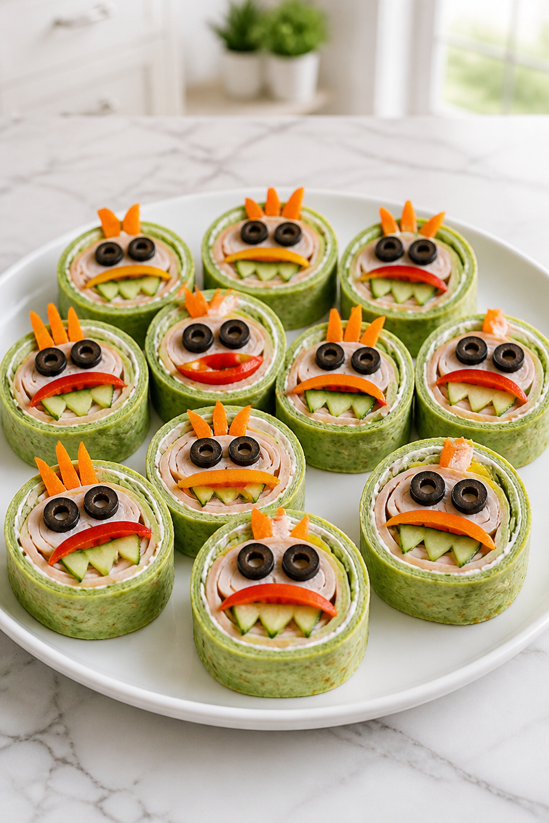 Halloween Monster Face Spinach Tortilla Pinwheel