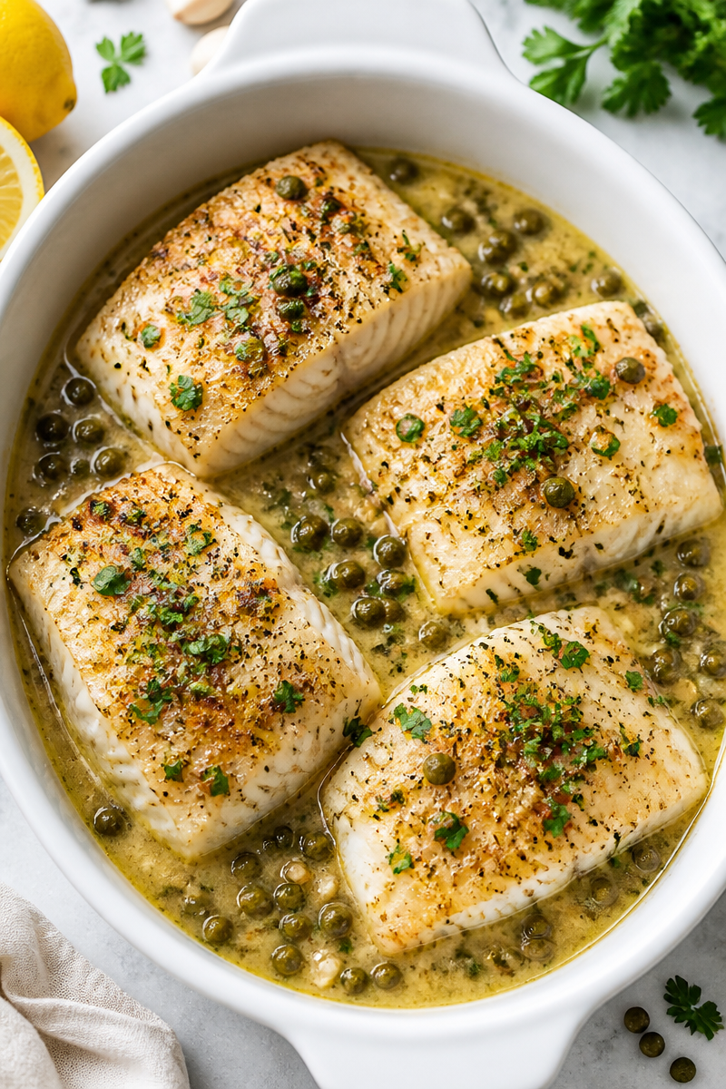 High Protein Baked Cod Piccata High Protein Baked Cod Piccata