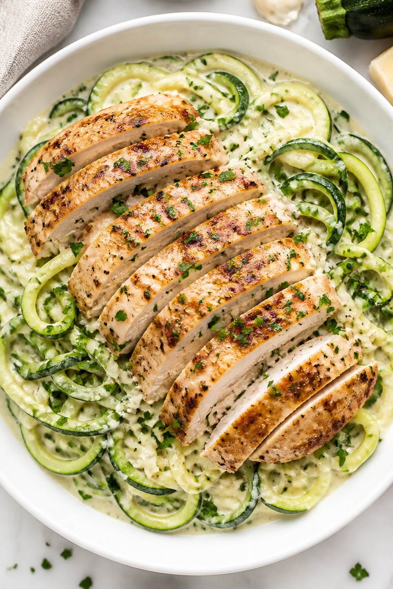 Keto Chicken Alfredo Zoodle Bowl