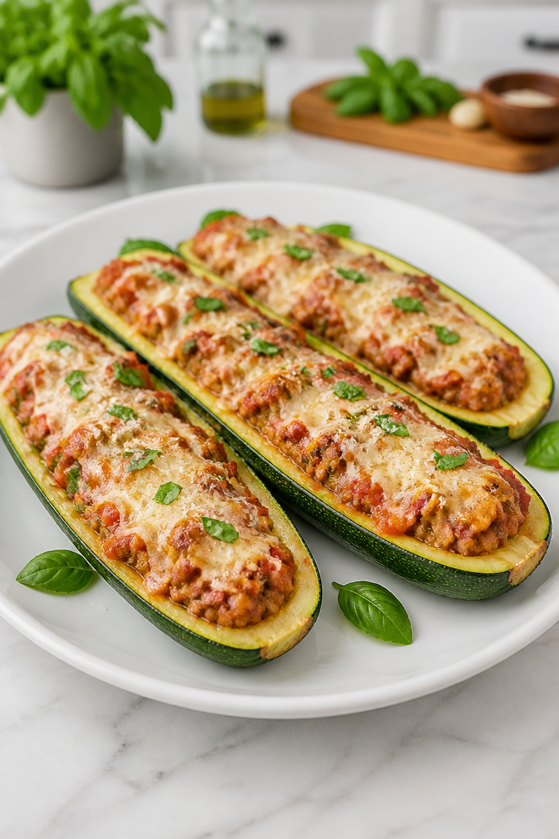 Keto Zucchini Boat Ground Turkey Bake