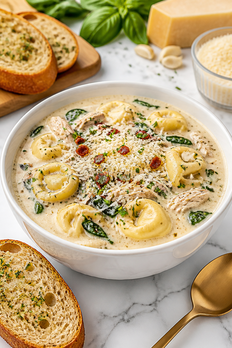 Loaded Chicken Tortellini Alfredo Soup