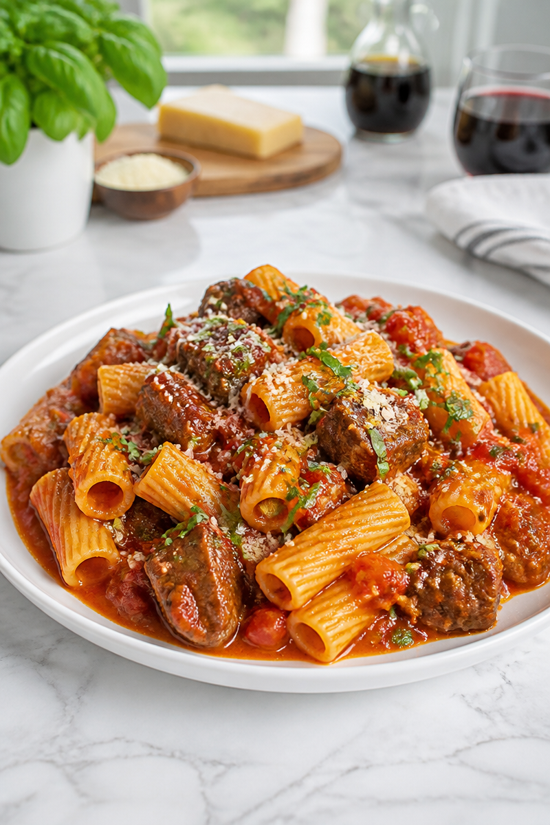 One Pot Braised Beef Rigatoni Comfort