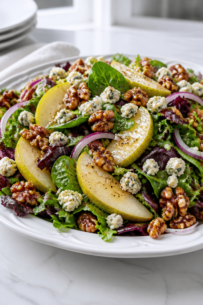 Pear Blue Cheese Candied Walnut Salad
