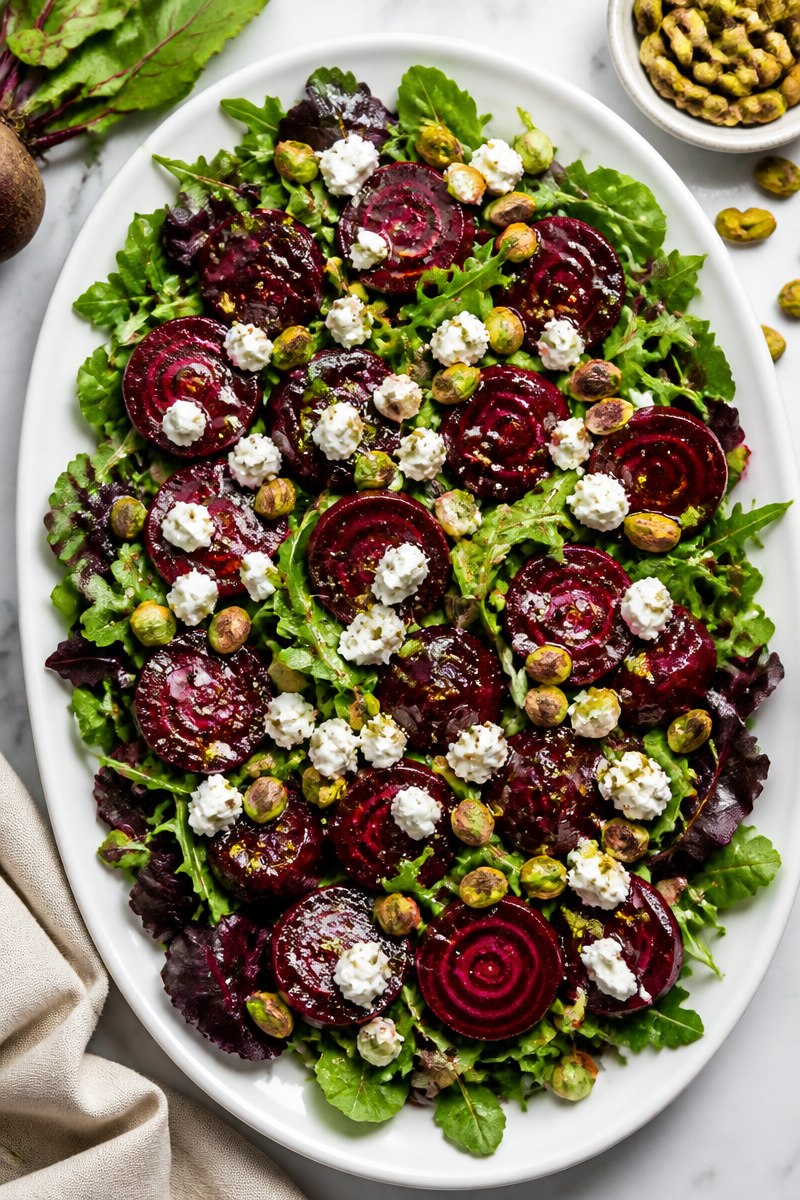 Roasted Beet Goat Cheese Pistachio Salad