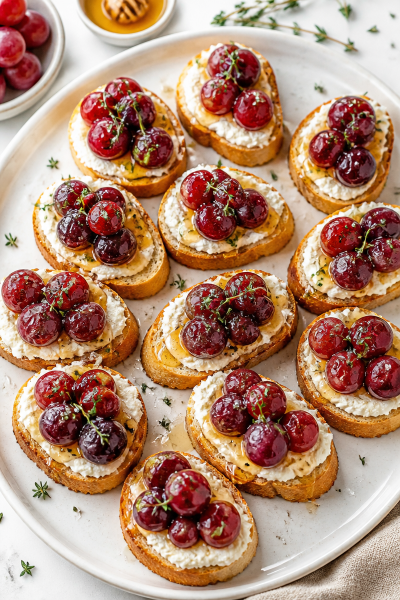 Roasted Grape Ricotta Honey Crostini